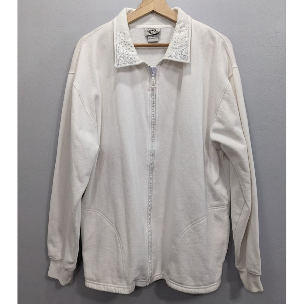Isaac's DESIGNS‎ Sweatshirt Jacket Zip Embellished Sparkly Rhinestones White 1XL